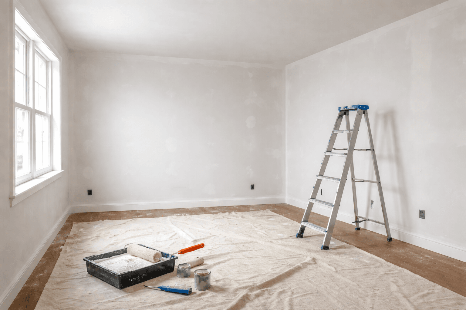 Interior room prepped for painting and renovation work