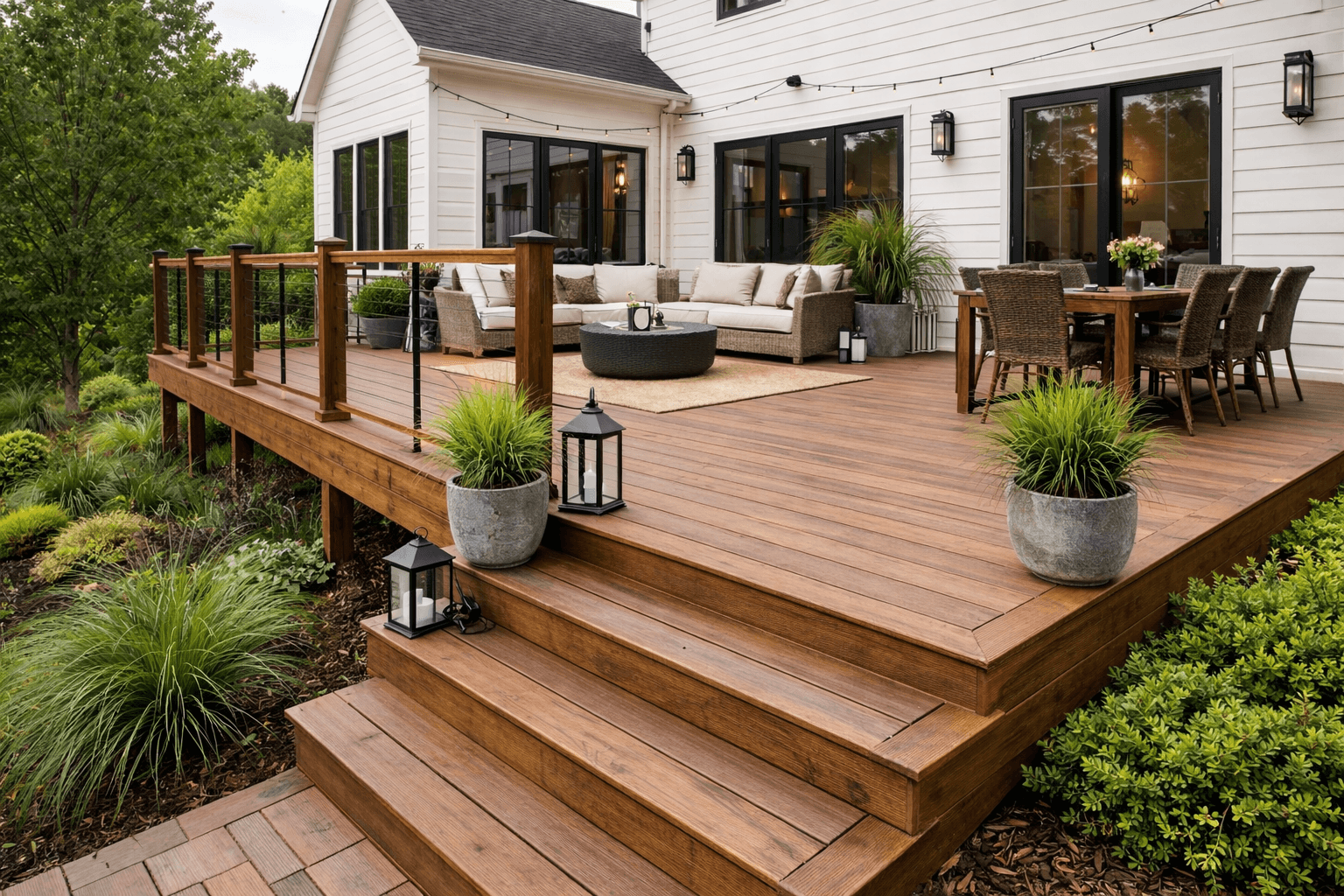 Custom wood deck with outdoor seating