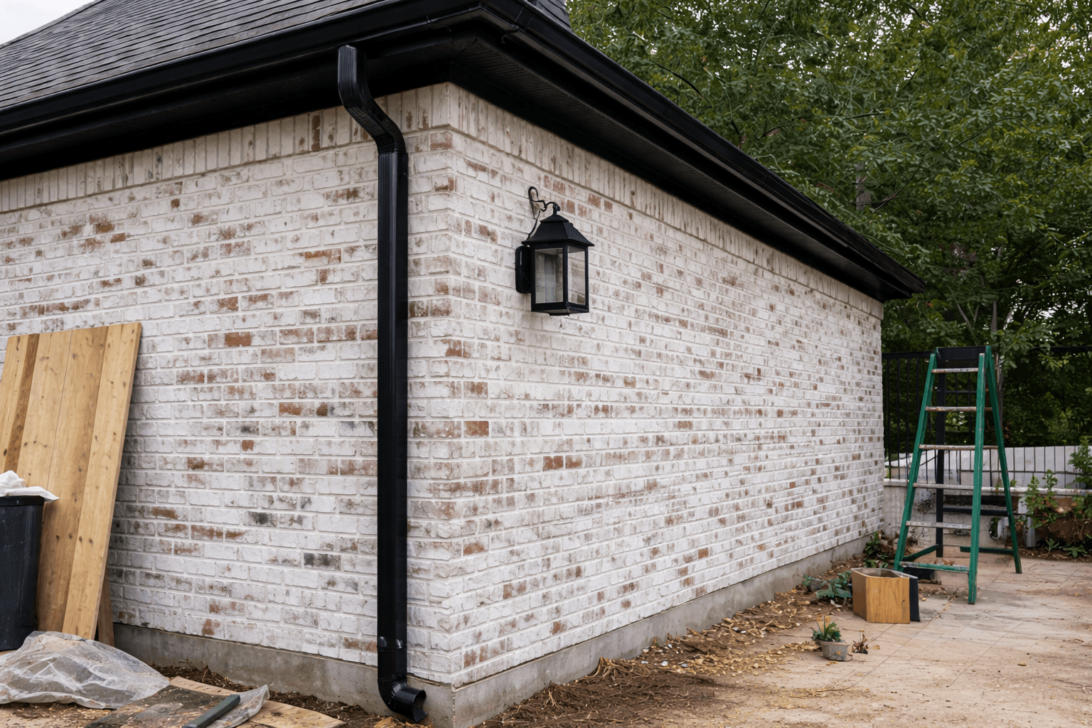 White lime washed brick exterior with black gutters
